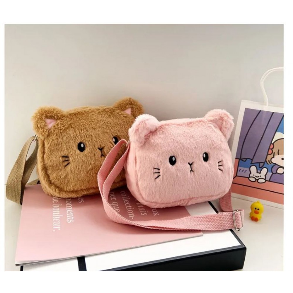Cartoon Cat Baby Girls Crossbody Bags Cute Soft Plush Children's Shoulder Bag Winter Fashion Boys Kids Furry Handbags Coin Purse